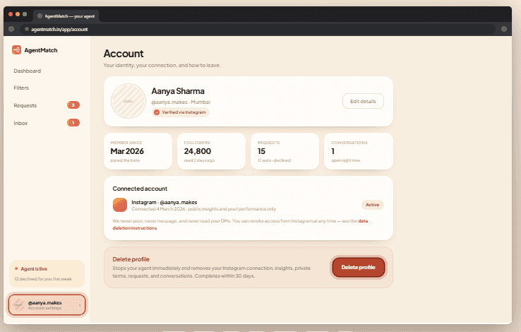 The AgentMatch account page on desktop, with the profile name highlighted at the bottom of the sidebar and the Delete profile button highlighted on the right.
