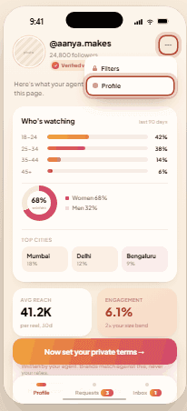 The AgentMatch profile screen on a phone, with the three-dot menu at the top right opened to show Filters and Profile.
