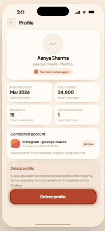 The account page on a phone, showing the Delete profile section with its red Delete profile button.